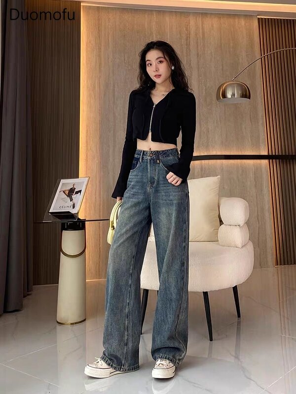 Duomofu Vintage Blue Chicly High Waist Slim Casual Women Jeans Autumn Basic Simple Button Fashion Loose Full Length Female Jeans