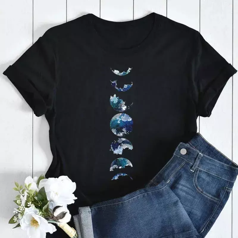 Camiseta vintage lua feminina com estampa floral, manga curta casual, top feminino, camiseta gráfica de desenho animado, moda