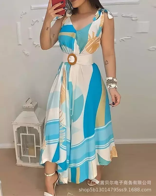 Vestido de renda azul feminino com cinto, estampa da moda