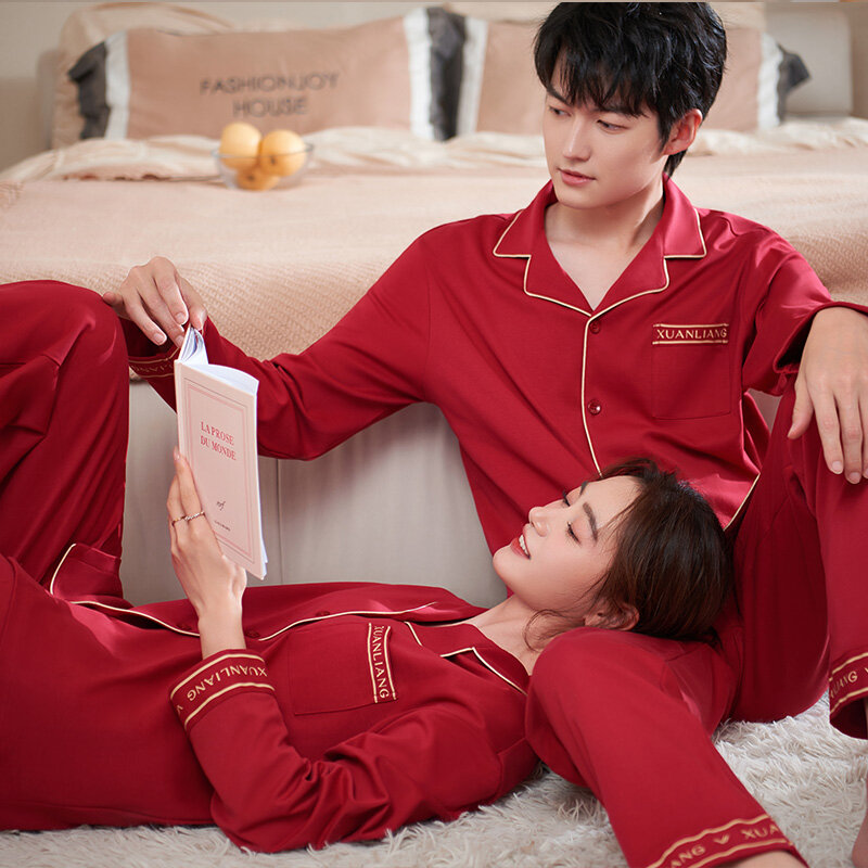 Conjunto de pijama solto de manga comprida masculino e feminino, camisolas de casal, óculos de casa vermelhos, algodão completo, casamento, outono