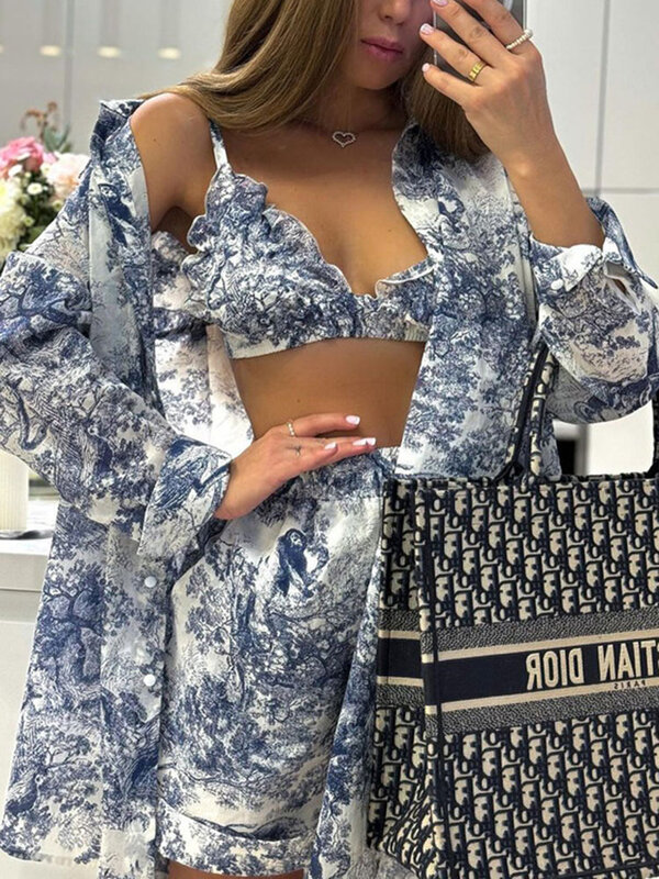 Tossy Retro Ink Shirt Three-piece Shorts Suit Women's Summer Casual Long Sleeve Button Print Fashion Shirt with Shorts Suit 2024
