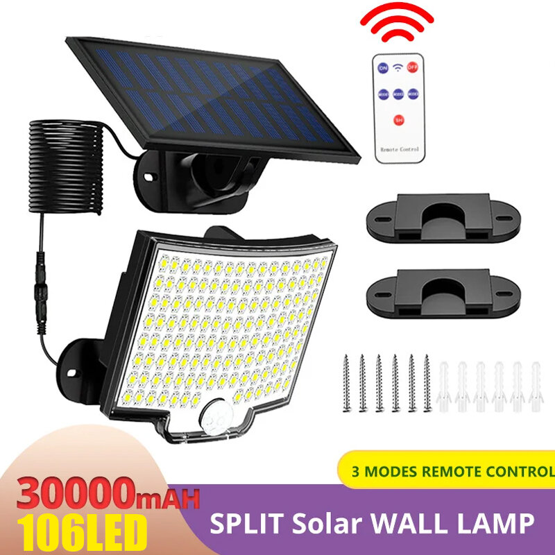 야외 장식용 스플릿 태양광 램프, 3 가지 조명 모드, 햇빛 벽 조명, PIR 모션 센서, 방수 정원 차고 램프, 106LED