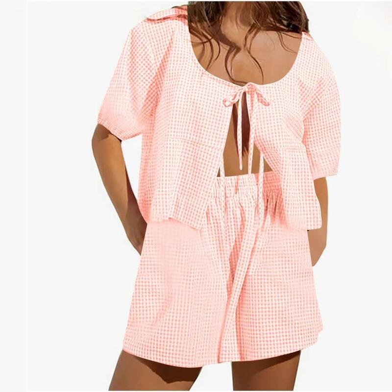 Frauen Mode lose kurze Oberteile elastische Taille Shorts Anzüge lässig Plaid Print Schnür shorts 2 Stück Sets Sommer Homewear Set