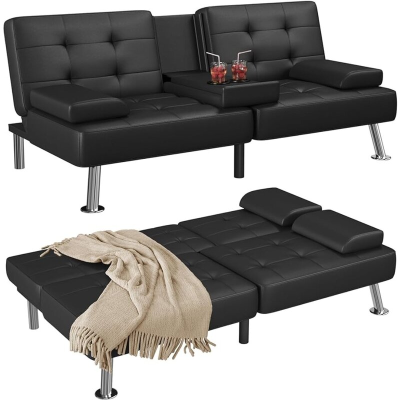 Sofá reclinable con patas de Metal, mueble negro para sala de estar, 2 portavasos, plegable, cama para el hogar