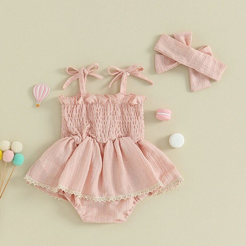 Visogo-女の赤ちゃんロンパースの衣装、ヘッドバンドセット付きノースリーブボウフロントスモークドレス、幼児の夏のかわいい服、2個
