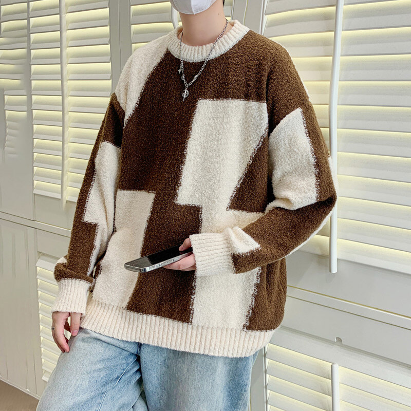 メンズラウンドネックニットセーター,シンプルなパッチワークセーター,カジュアル,秋冬ファッション,a277