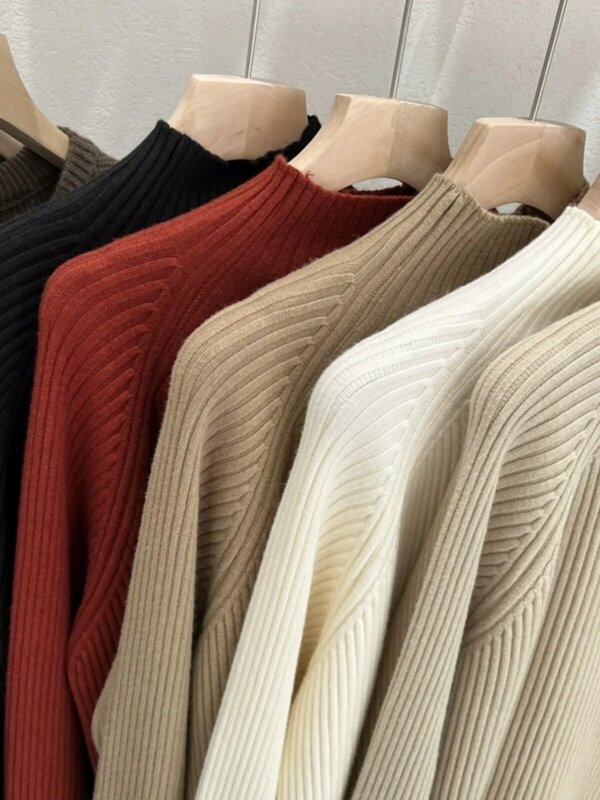 한국 스타일 하프 하이 칼라 여성 스웨터, 불규칙 단추 단색 풀오버, 우아하고 심플하고 아늑한 여성 상의, 가을 겨울