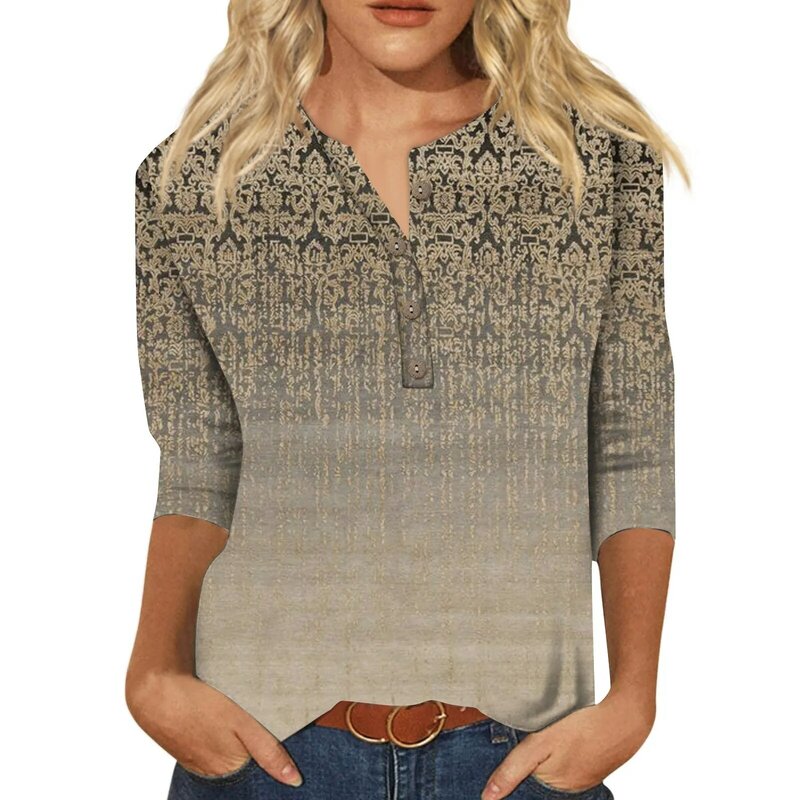 Camiseta feminina com botão decote em v, blusa mangas 3/4, camisa delicada estampada com plantas, pulôver de algodão, moda verão