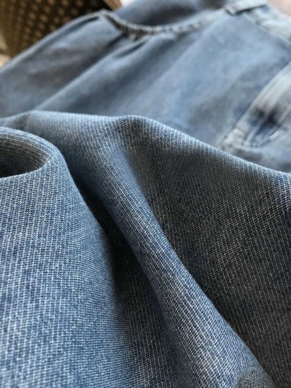 Saia jeans de cintura alta feminina, fina e elástica na cintura, bolso grande, jean solto, moda, verão, 2024