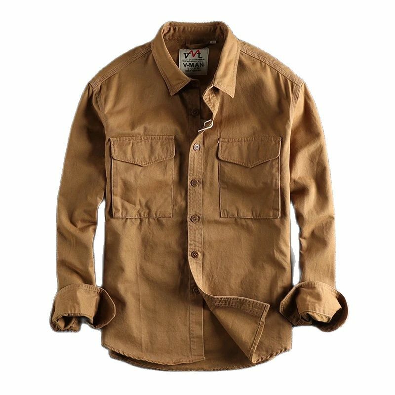 Koszula Cargo dla mężczyzn z długim rękawem Premium bawełna jednolity kolor mycie klapy młodzieży japonia styl prosty przystojny chłopak odzież