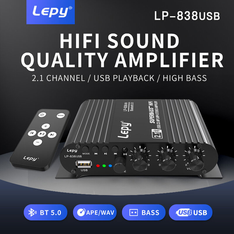 LEPY-Amplificador de Subwoofer para coche y hogar, dispositivo de música con USB 838, Bluetooth 5,0, HIFI, 2,1 canales, 12V, sin pérdidas, apto para altavoz de 4-8 ohmios