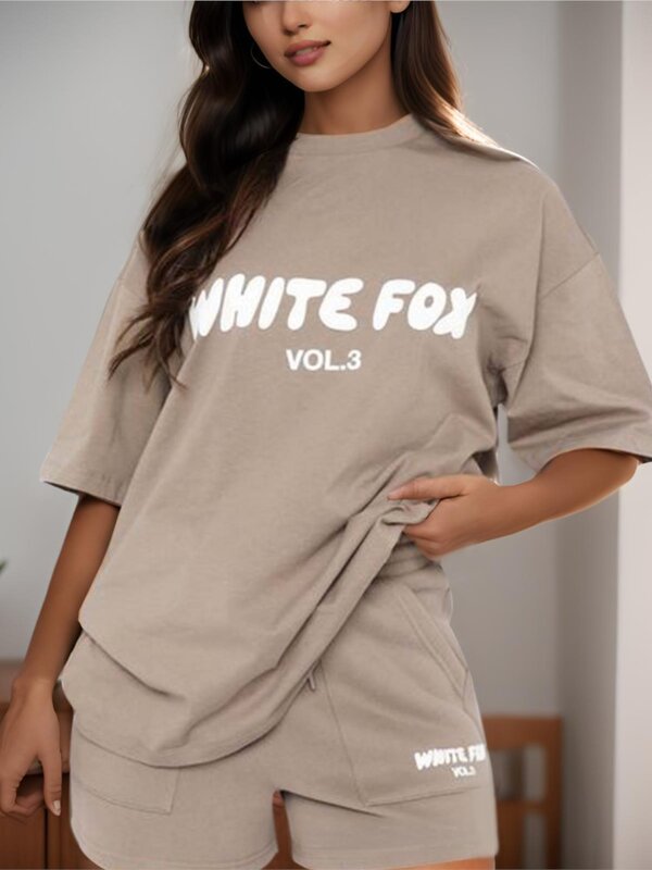 2024 letnie damskie 2-częściowe modne luźny, modny nadrukowane litery t-shirt spodenki z okrągłym dekoltem dla kobiet stroje 2XL