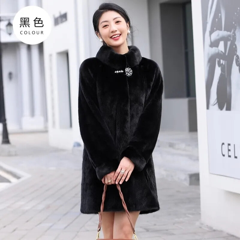 Mink Fur Coat Women's Golden Diaorong Outwear 2023New Winter Fur-Fur Integration Overcoat Stand-UP Collar Furs Jacket Female Top