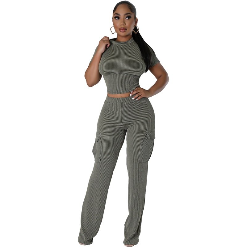 Leisure Solid Color Elastic Set Sexy Navel Exposed Round Neck T-shirt Top Slim Fit Two Side Pockets Wide Leg Pants