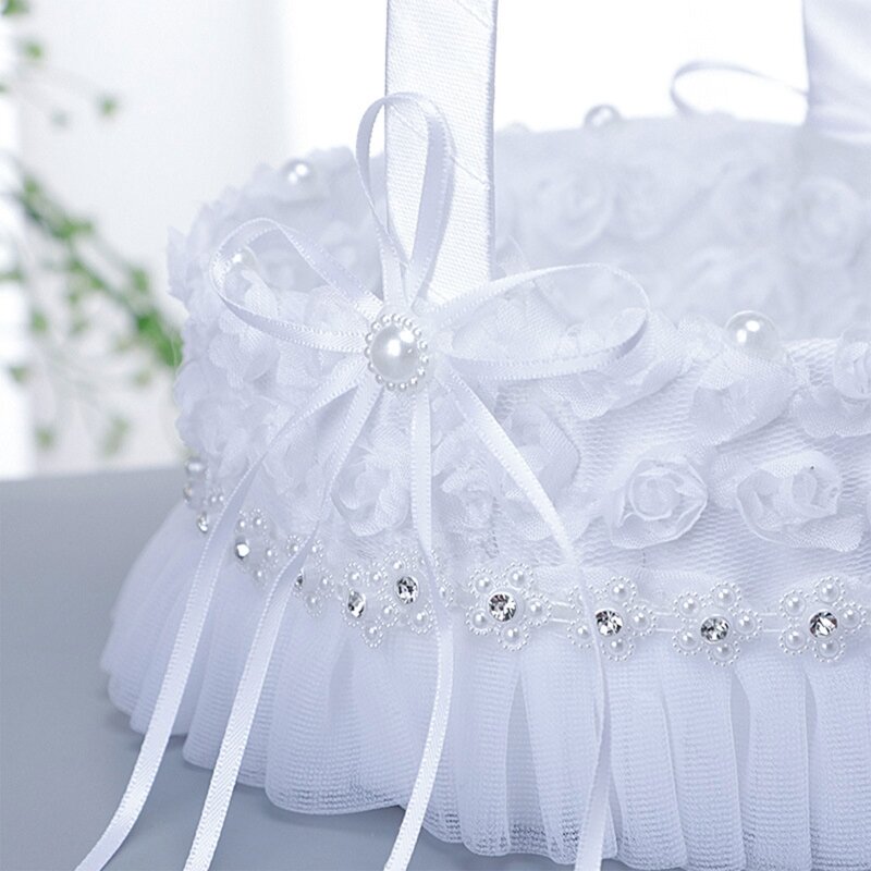 Свадебные корзины с цветами для девочек, элегантные белые маленькие корзины для цветов в форме круга или сердца, атласное кружево, искусственные цветы, Декор