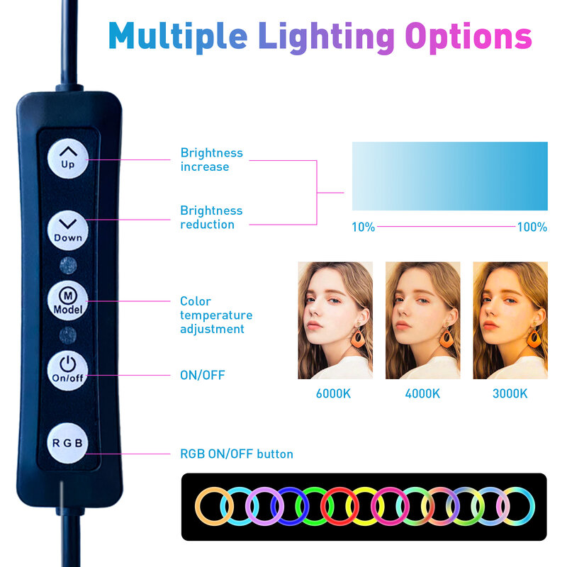 RGB 채우기 라이트 인치 링 라이트 LED 사진 램프 카메라 전화 유튜브 메이크업 램프 3 소켓 USB 인터페이스 라이브 라이트