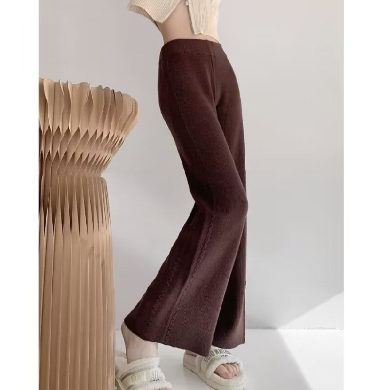 Calça de malha de cintura alta feminina, casual, quente, reta, perna larga, grossa, coreana, elegante, outono, inverno, nova