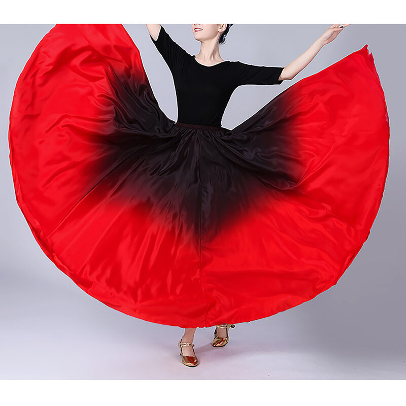 Womens 360 Degree Dance Skirt Breathable and Soft Contract Color Wide Hemline Ballroom Dancing Skirts Stage Performance Costume