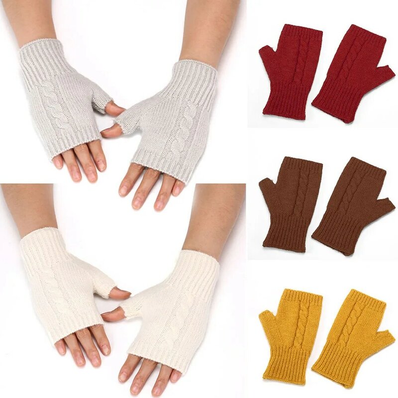 Черные перчатки без пальцев, вязаные хлопковые перчатки на запястье из искусственной шерсти, зимние теплые перчатки для тренировок, 1 пара