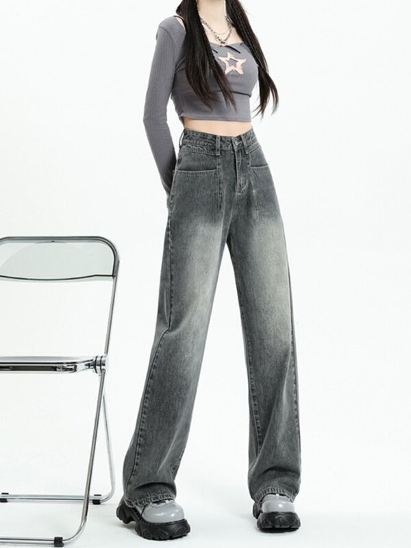 Jin kaki lebar wanita, celana Jin bentuk pir pinggang tinggi kaki lebar untuk wanita musim gugur 2023 gaya baru dicuci retro versi sempit celana lurus panjang lantai