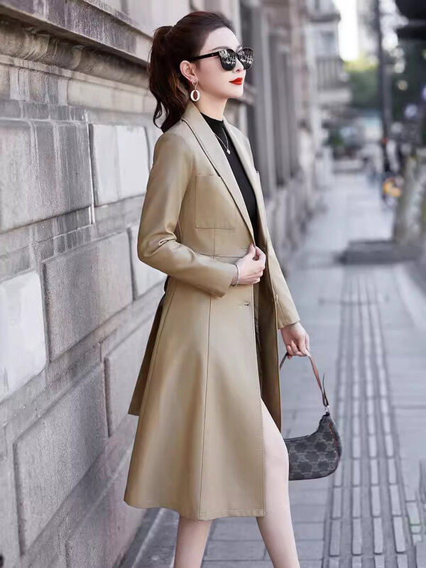 New Women Spring Autumn Leather Coat Fashion Turn-down Collar Single Breasted Slim Sheepskin Coat Elegant Split Leather Jacket
