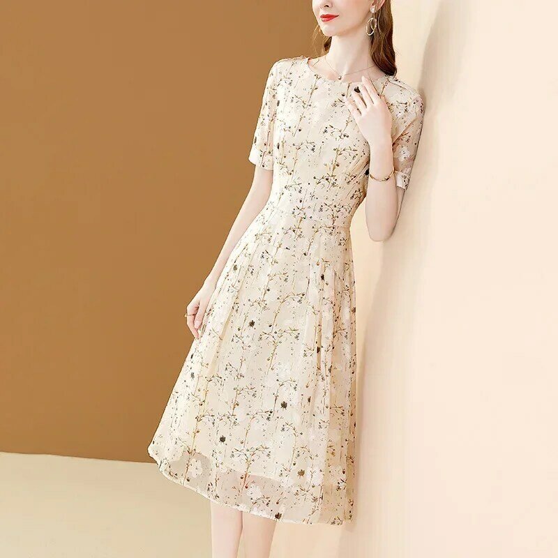 2024New Chic Floral Printing Women Chiffon Dress O-Neck Elegant Apricot Office A-LINE Dresses Fairy for Women Slim Party Vestido