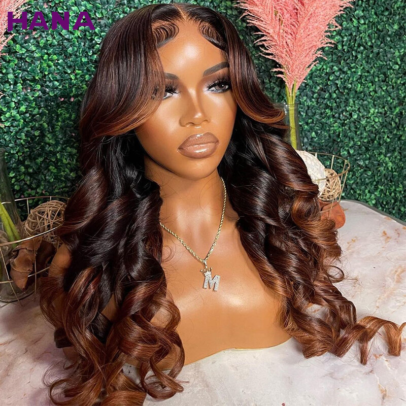 Perruque Lace Closure Wig Body Wave Naturelle pour Femme, Cheveux Humains, 13x4 HD, 6x4, Pre-Plucked, Wear To Go, Ombre Video Brown