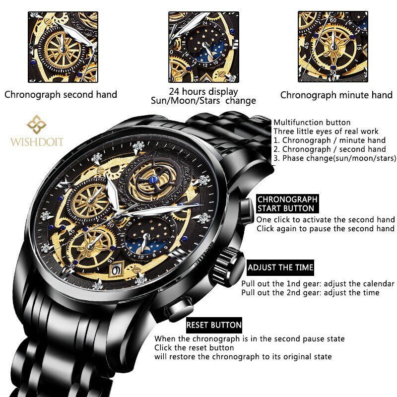 Wishdoit นาฬิกาควอทซ์สแตนเลสกันน้ำสำหรับผู้ชาย, นาฬิกาข้อมือควอตซ์อะนาล็อกแฟชั่นธุรกิจดวงอาทิตย์ดาวดวงจันทร์แบรนด์ชั้นนำ