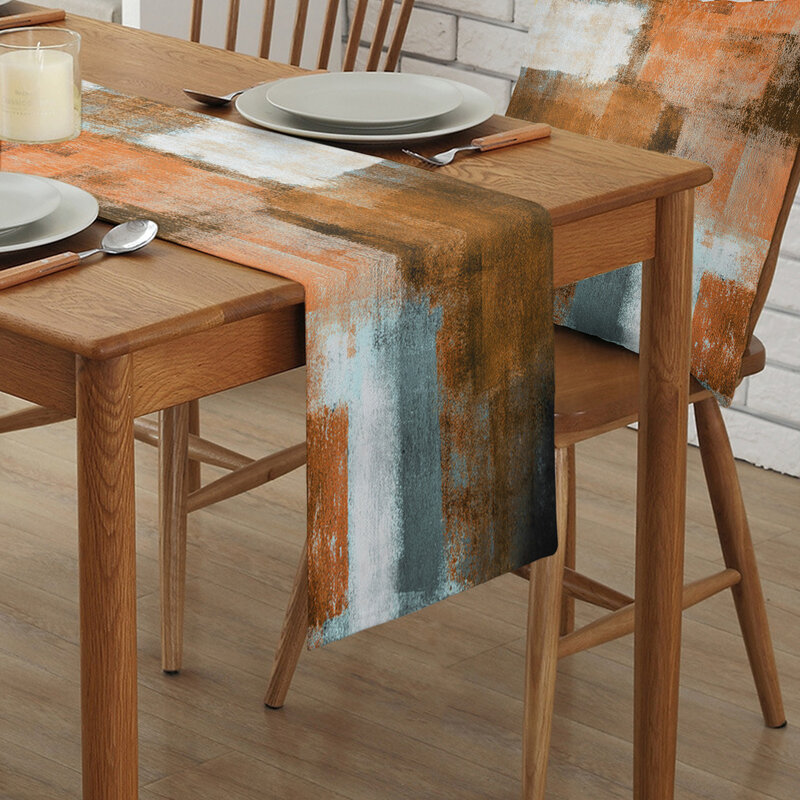 Oil Painting Abstract Geometric Orange Linen Table Runners Kitchen Table Decoration Dining Table Runner Wedding Party Supplies