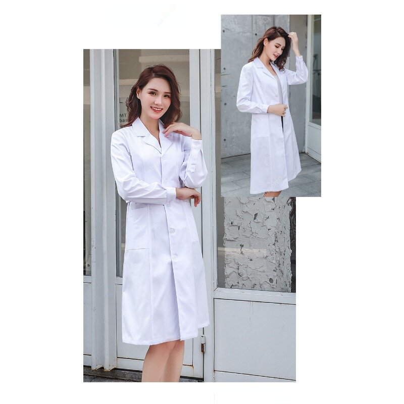 Abrigo blanco de manga larga para mujer, uniforme de médico, bata de médico, bata de laboratorio, monos de enfermera de Química universitaria