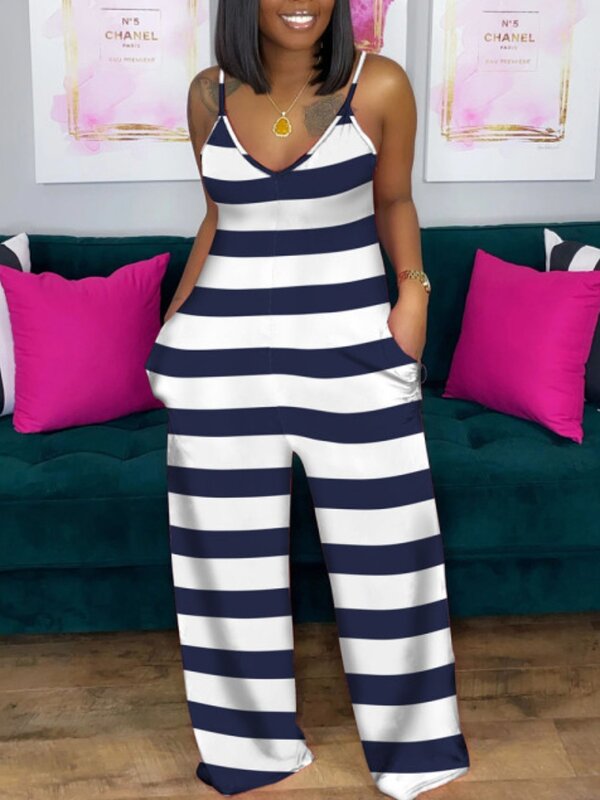 LW Plus Size jumpsuit Casual V Neck Striped White One-piece Jumpsuit Summer Sleeveless loose Jumpsuits Casual women's jumpsuit