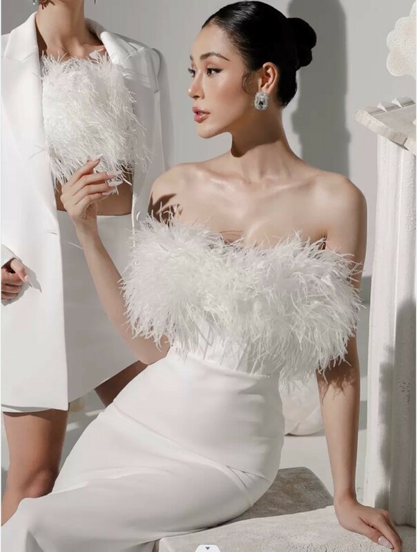 SHUIYUN seksowne bez ramiączek wspaniałe piórko design z frędzlami białe pośladki owinięte damska suknia ślubna