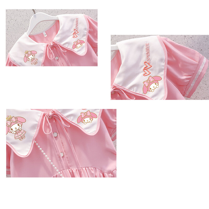 Cinnamoroll Girl's Dress Anime Kuromi Princess Cartoon Sanrios Summer Thin Children Skirt Student Doll Collar Short Sleeve Dress