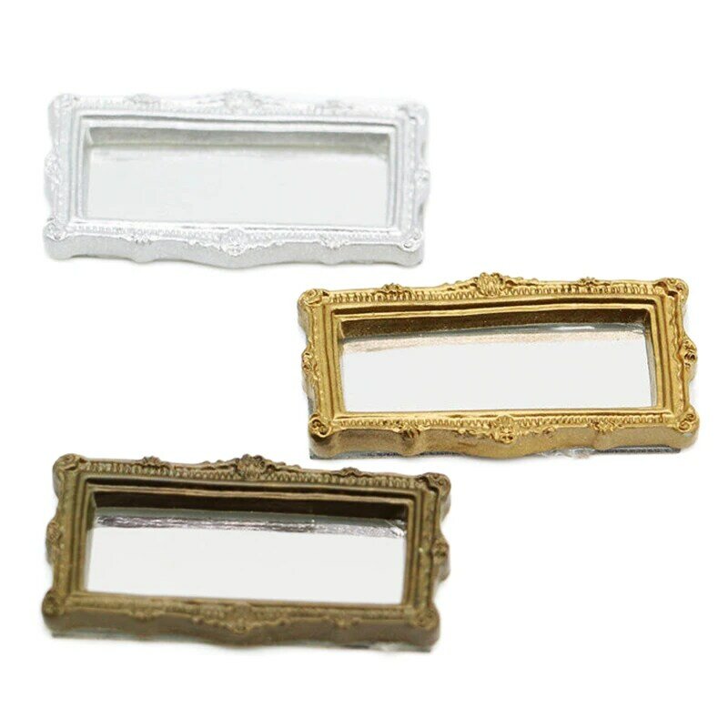 Mini espelhos de plástico vintage para Dollhouse, miniatura quadrada, espelho esculpido, móveis ornamento acessórios, 1:12
