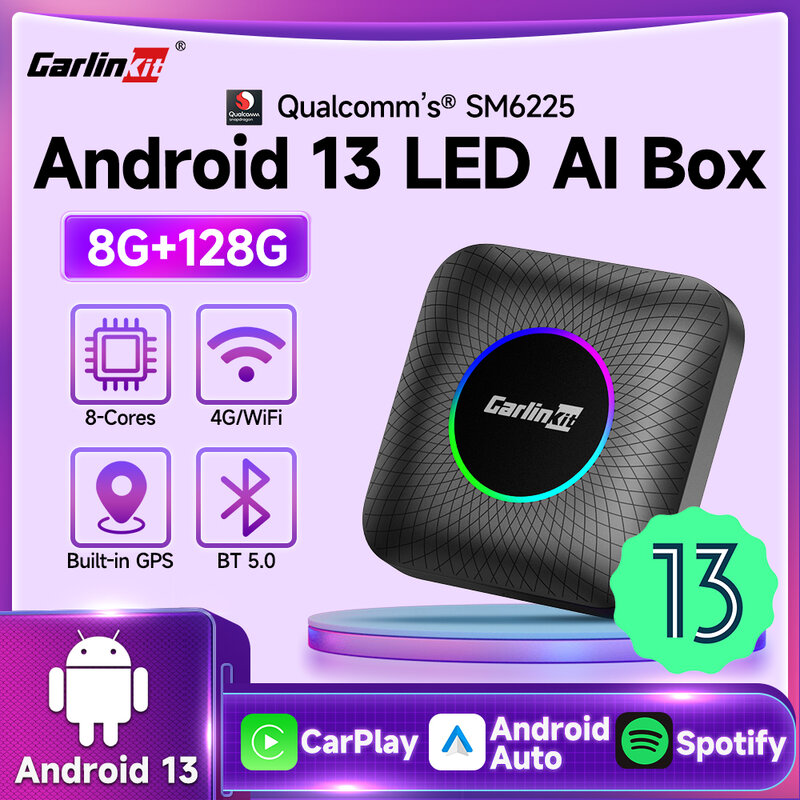 Android 13 CarlinKit CarPlay AI Box LED Qualcomm SM6225 Беспроводной CarPlay Android Auto Smart Car Mini Box 4G LTE FOTA Обновление 8G 128G