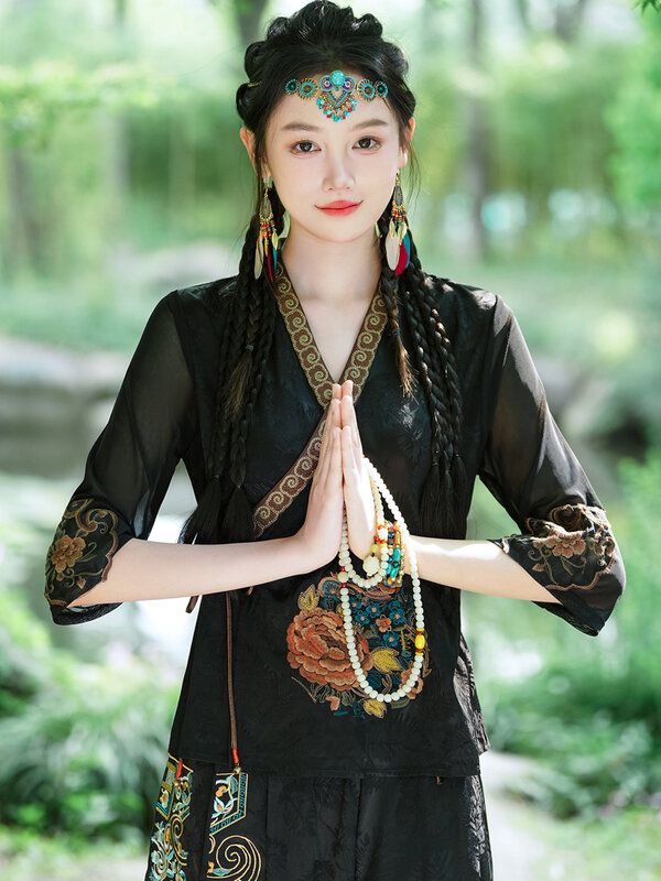 Estate nuove donne cinesi abbigliamento stile ricamo nazionale Top Han abiti