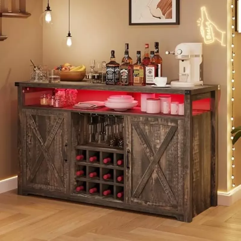 Bar Cabinet with LED Lights, 55" Farmhouse Buffet Coffee Bar Cabinet with Storage, Wine Liquor Cabinet with TV bench