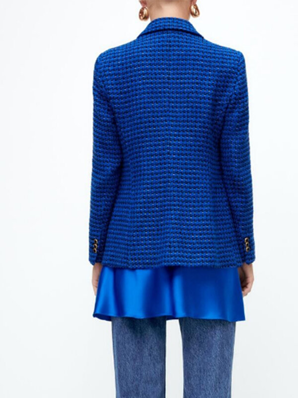 Blazer de Tweed Check feminino, terno casual de escritório, manga comprida, bolso de botão, chumbo V, azul, novo, moda outono e inverno