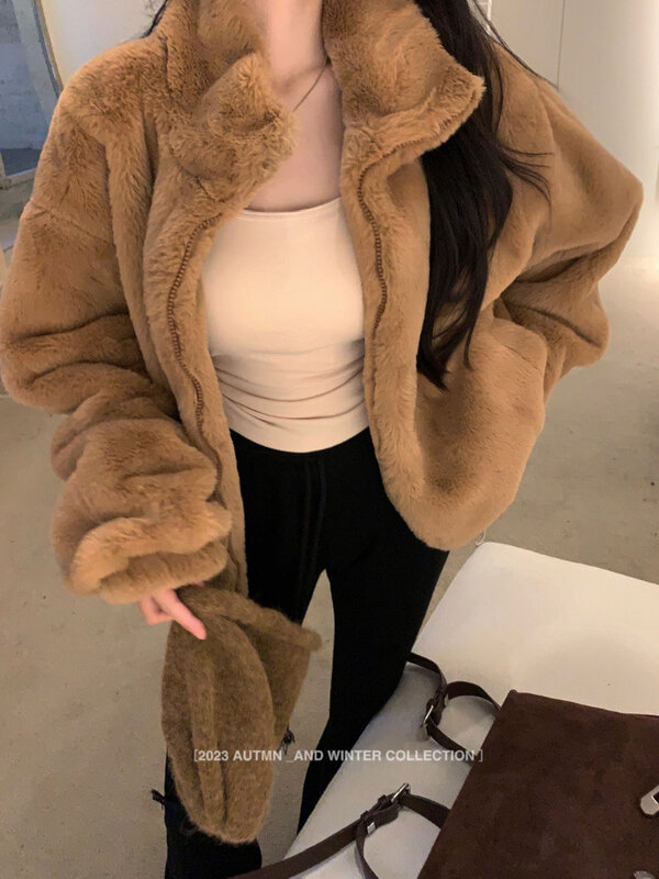 Deeptown Korean Fashion Fax Fur Cropped Jacket Women Elegant Thick Warm Soft Coats Female Long Sleeve Furry Short Outwear Winter
