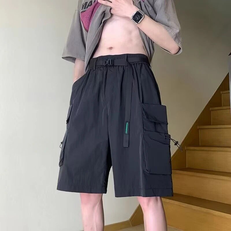 Men Shorts Summer Solid Drawstring Large Pockets All-match Cozy Breathable Stylish Baggy Leisure Trousers Retro American Style