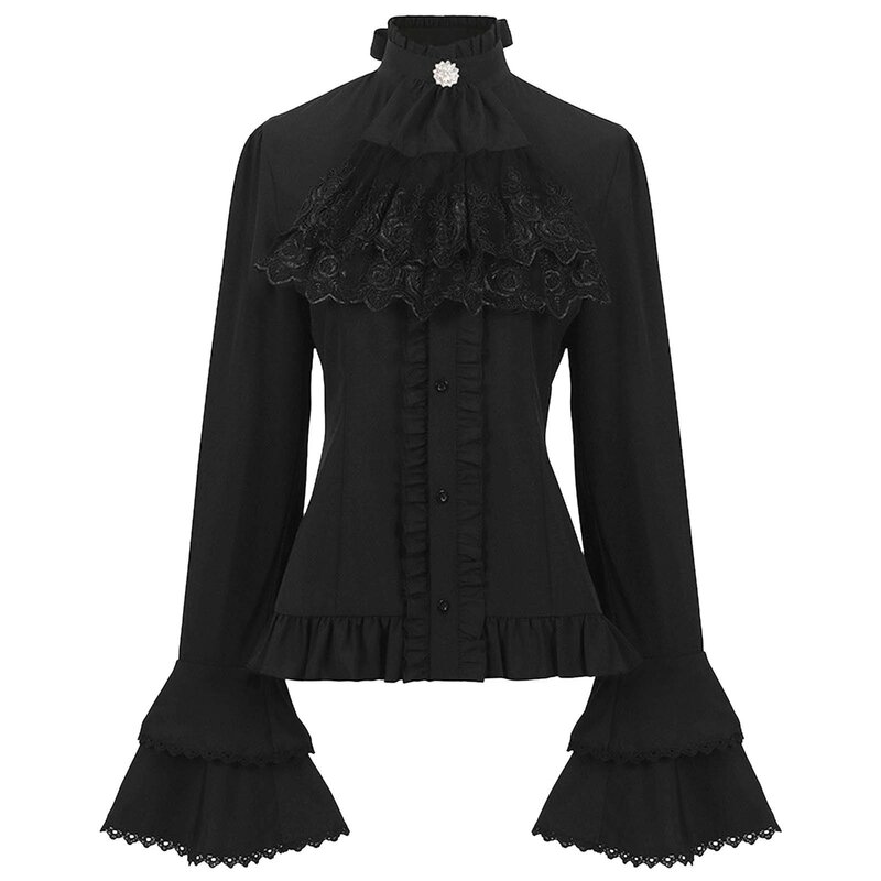 Женская блузка в стиле стимпанк средневековый Топ в стиле панк ретро плиссированная кружевная рубашка с длинными рукавами женская элегантная одежда