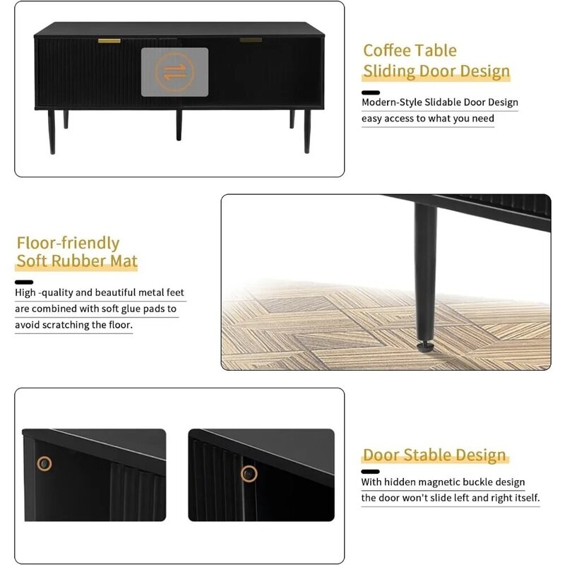 Mesa de centro moderna negra para sala de estar, mesa de cóctel con puerta corredera de Panel de forma de onda, gran espacio de almacenamiento, 48"