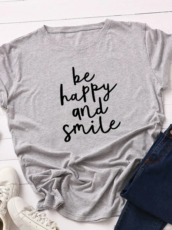 Camiseta con estampado de letras Be Happy Be Smile para Mujer, blusa holgada de manga corta con cuello redondo, Camisetas para Mujer