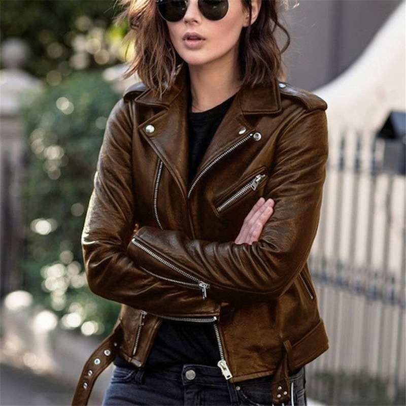 Women PU Leather Jacket Autumn Winter Fashion Turn-Down Collar Zipper Moto Biker Jacket Coat Female Slim Short Jackets with Belt