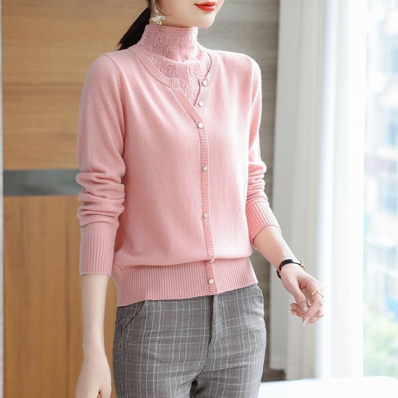 Elegant Chic Buttons Half High Collar Patchwork Knitted Sweater Women Autumn Winter Fashion Slim Long Sleeve Pullover Top Female