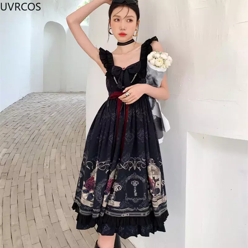 Japoński Gothic Lolita styl Jsk sukienka dziewczyny wiktoriański Retro słowik róża sukienki typu Sling kobiet siatkowy Patchwork Kawaii Vestidos