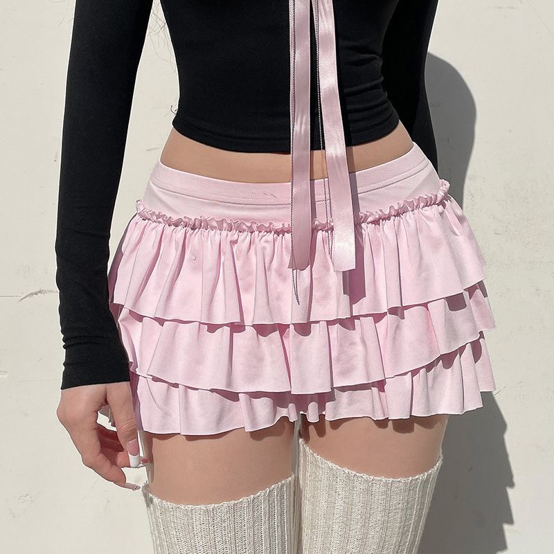 Rok Mini wanita Y2K, rok A-Line kasual pinggang rendah, rok pita merah muda modis musim panas untuk wanita