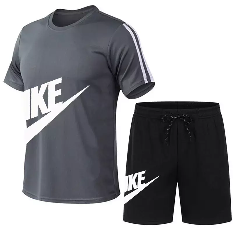 Set T-shirt + celana pendek pria, setelan baju olahraga motif santai adem lengan pendek musim panas 2024