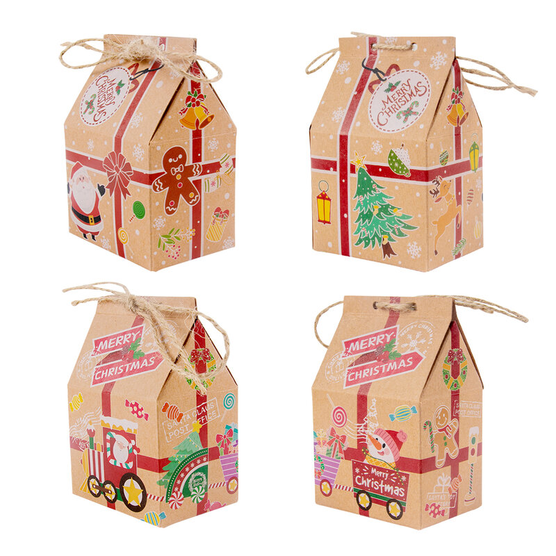 10 шт. Рождественская коробка для конфет, подарочный пакет в форме домика, Рождественская елка, снеговик, подарочные коробки на Рождество, Новый Год, Рождество, коробка из крафт-бумаги