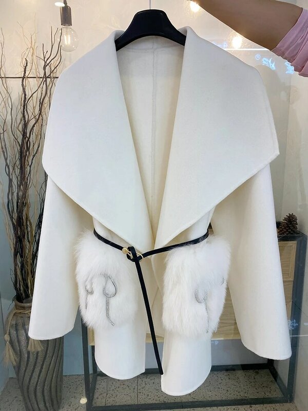 Manteau d'hiver en vraie fourrure de renard naturelle pour femme, manteau de poche pour femme, vêtements d'extérieur pour femme, laine de cachemire, veste de luxe, nouveau, 2024